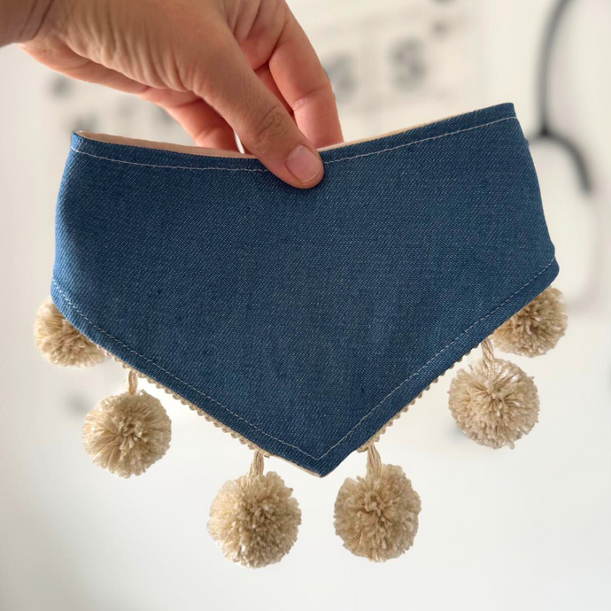 Dog bandana - Mustang | Montana | Adjustable | Denim | Pom poms